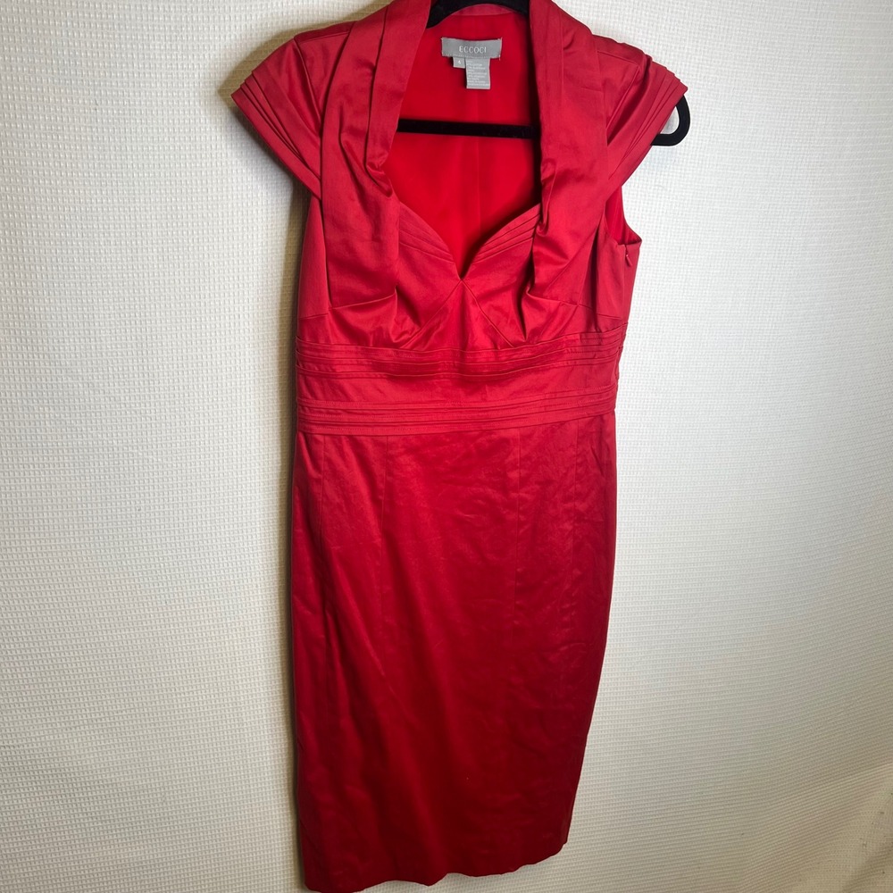 Eccoci Red Sheath Dress Womens 4 Shawl Collar Cap Sleeve V-Neck Banded Waist